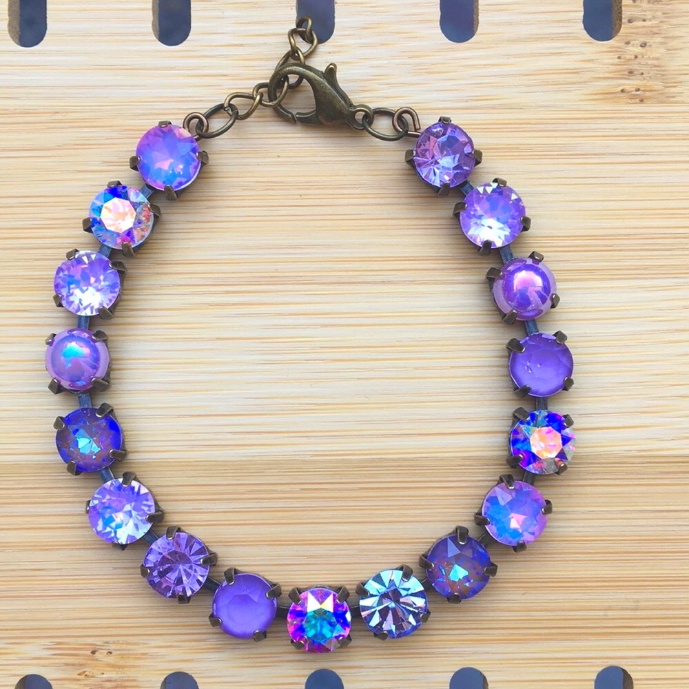 Amethyst, Violet, + iridescent Purple Opal Antique Brass Crystal Tennis Bracelet - Picture 12 of 17